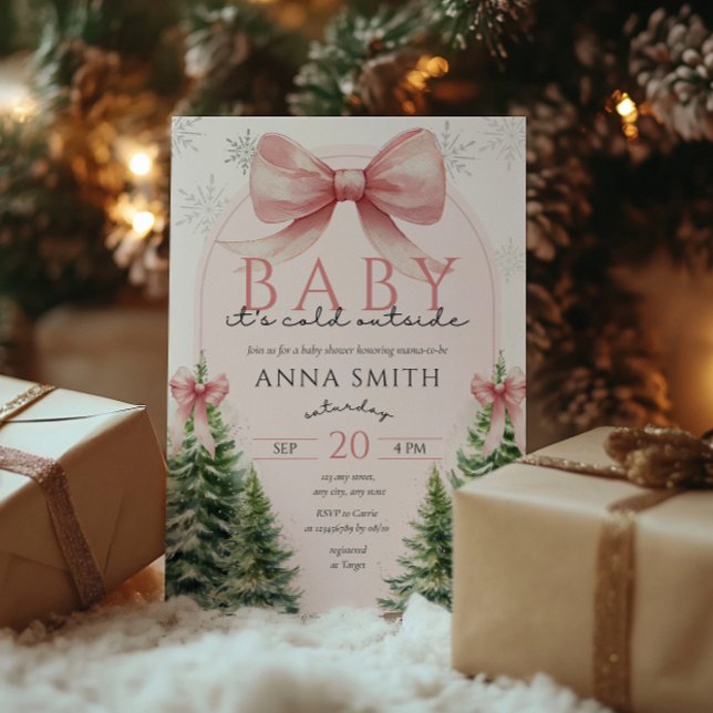 Convite Baby It's Cold Outside Pink Christmas Winter Girl (Baby It's cold outside baby shower invitation christmas, winter wonderland, girl pink bow coquette)