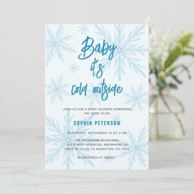 Convite Baby Its Cold Outside Snowflakes Boy Baby Shower (Em pé/Frente)