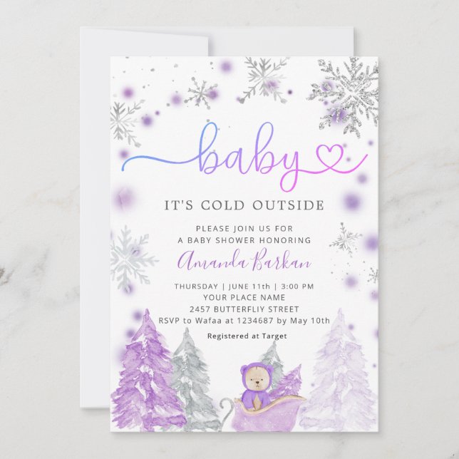 Convite Baby Its Cold Outside Winter Baby Shower Purple (Frente)
