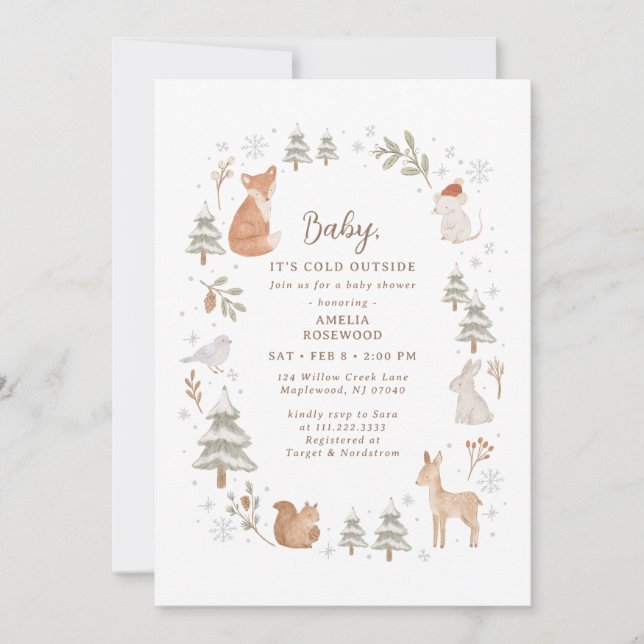 Convite Baby It's Cold Outside Winter Woodland Baby Shower (Frente)