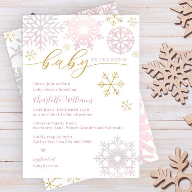 Convite Baby It's Fold Outside Winter Chá Invite (Baby Girl Winter Shower Invitation in faux Glitter Gold and Blush Pink)