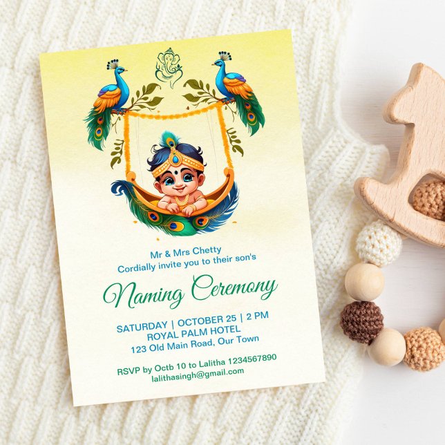 Convite Baby Krishna nomeando Namkaran Cradle Ceremonia (Cute baby Krishna Namkaran Baby Naming Cradle Ceremony editable template invitation digital download)