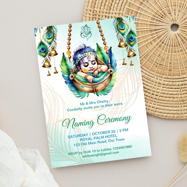 Convite Baby Krishna nomeando Namkaran Cradle Ceremonia (Baby Krishna naming ceremony namkarana cradle ceremony editable template invitation digital download)