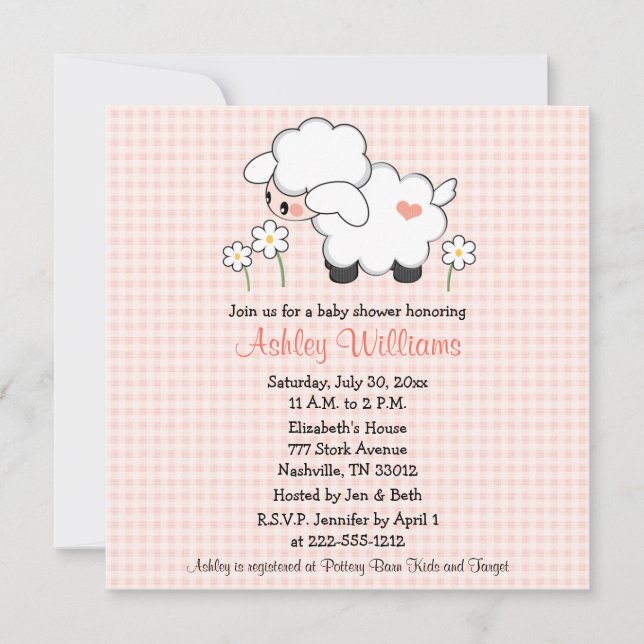 Convite Baby Lamb Baby Shower Invasões Rosa Gingham (Frente)