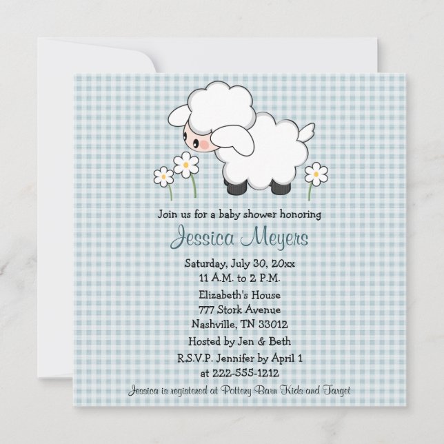 Convite Baby Lamb Baby Shower Invasores Blue Gingham (Frente)
