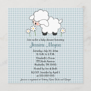 Convite Baby Lamb Baby Shower Invasores Blue Gingham