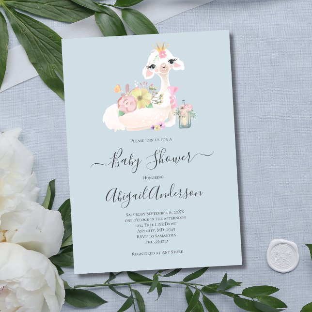 Convite Baby Llama Flowers White Blue Chá de fraldas (Blue White Baby Boy Llama Baby Shower Invitation)