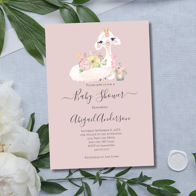 Convite Baby Llama White Pink Flowers Chá de fraldas (Llama Pink White Baby Shower Invitation)