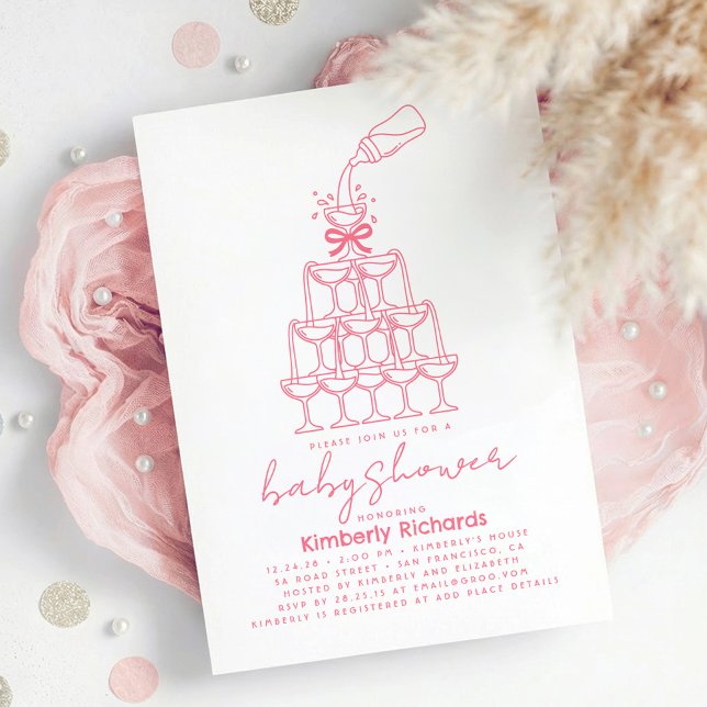 Convite Baby Milk Bottle Champagne Tower Funny Baby Shower (Funny Hand Drawn Whimsical Pink Baby Shower Invitation Champagne Milk Tower)