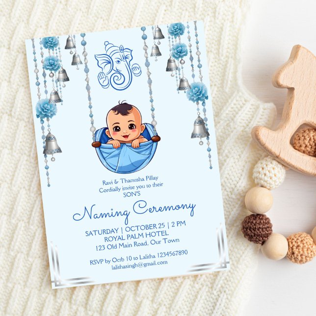 Convite Baby Naming Cradle Indian Ceremony Blue modelo (Baby Naming Cradle Indian Namkarana Ceremony blue for a boy template invitation digital download)