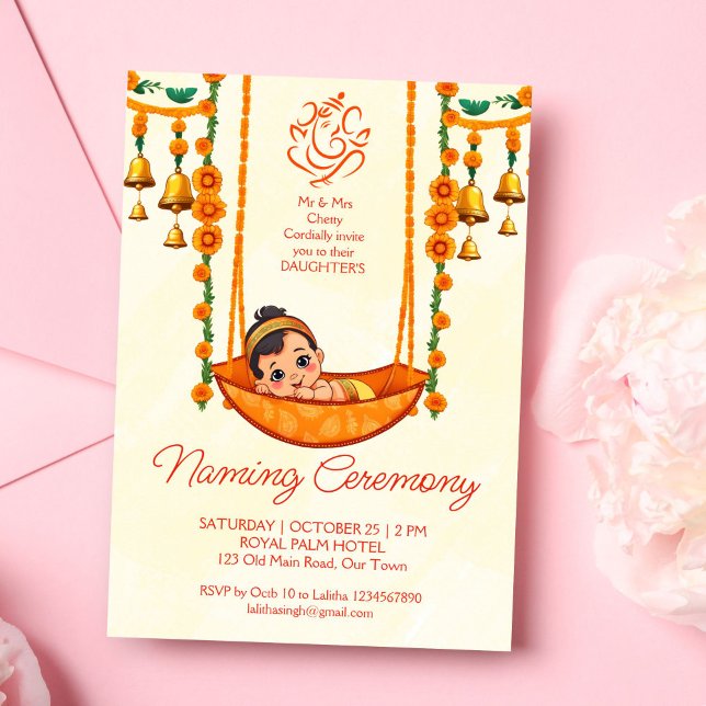 Convite Baby Naming Cradle Indian Ceremony modelo (Baby Naming Cradle Hindu Ceremony editable template invitation digital download Namkarana invitation)