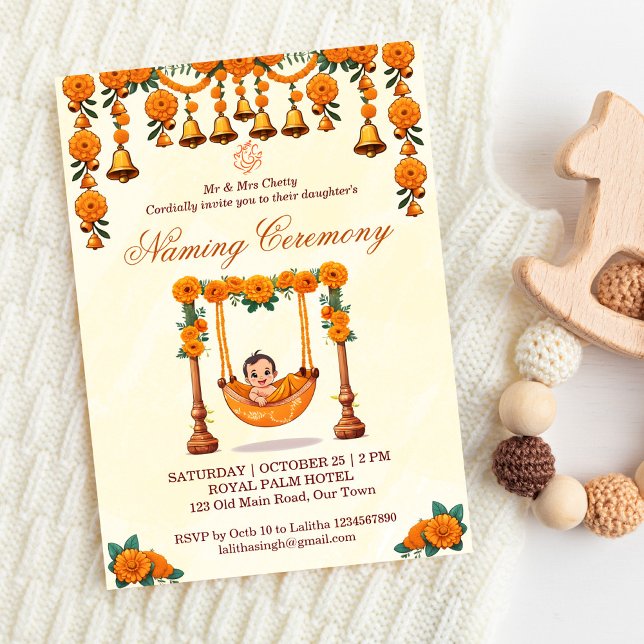 Convite Baby Naming Cradle Indian Ceremony modelo (Baby Naming ceremony editable template invitation cradle ceremony digital download marigolds crib)
