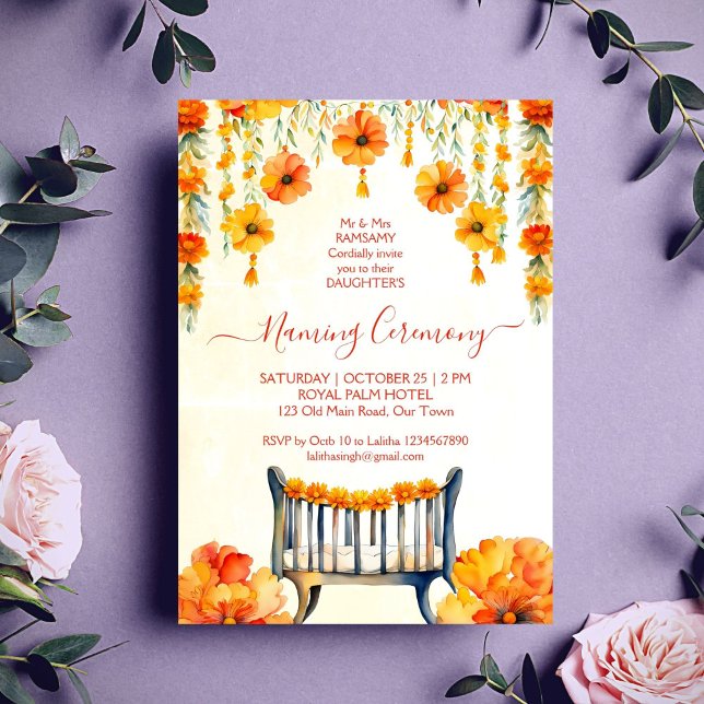 Convite Baby Naming Cradle Indian Ceremony modelo (Baby Naming Cradle Indian Ceremony template invitation digital download orange yellow marigolds)