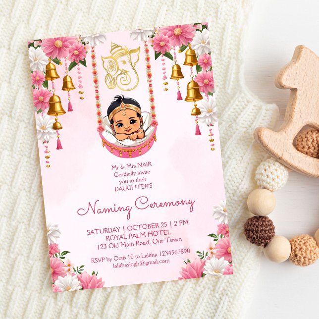 Convite Baby Naming Cradle Indian Ceremony rosa modelo (Baby Naming Cradle Indian Ceremony girls pink invitation  template digital download Namkarana cute)