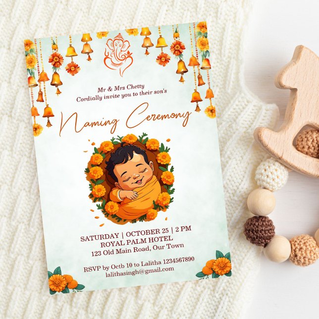 Convite Baby Naming Namkaran Cradle Ceremony modelo (Namkaran Baby Naming Cradle Ceremony editable template invitation digital download cute baby marigol)