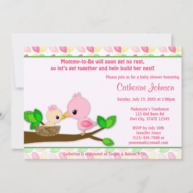 Convite Baby Nest Baby Shower Invitations Mamãe Garota (Frente)