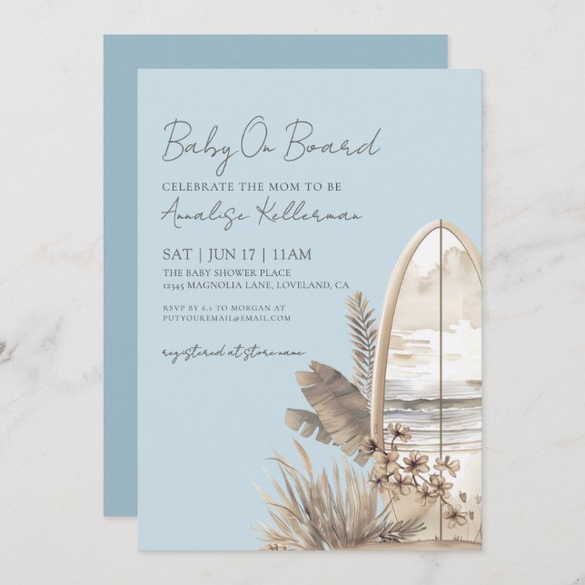 Convite Baby On Board Blue Boho Beach Baby Shower (Frente/Verso)