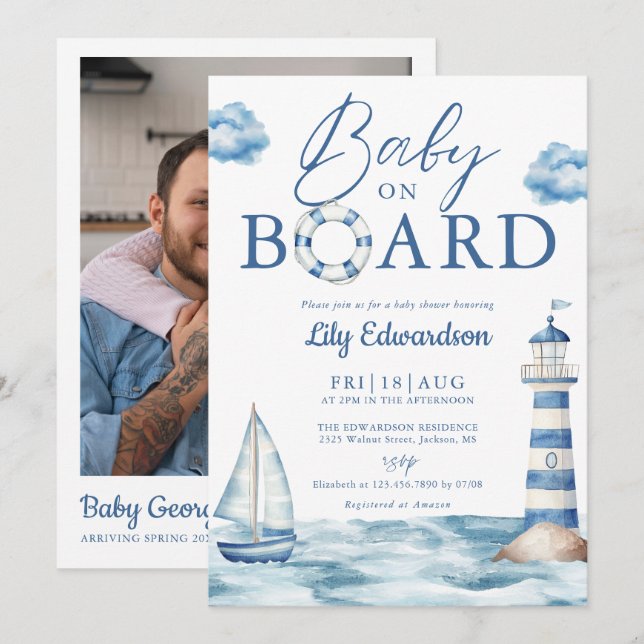 Convite Baby On Board Nautical Shower Photo QR Code (Frente/Verso)