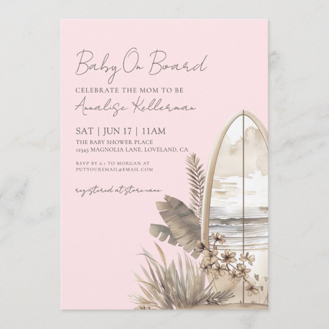 Convite Baby On Board Pink Boho Beach Baby Shower (Frente)