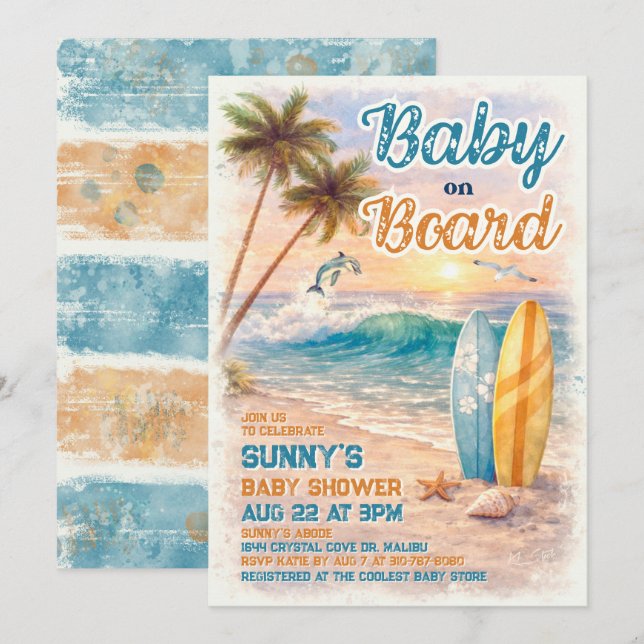 Convite Baby on Board Retro Surf Beach Baby Shower (Frente/Verso)