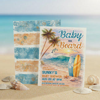 Convite Baby on Board Retro Surf Beach Baby Shower