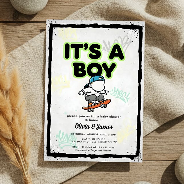 Convite Baby on Board Skateboard Baby Shower party Invitat (Criador carregado)