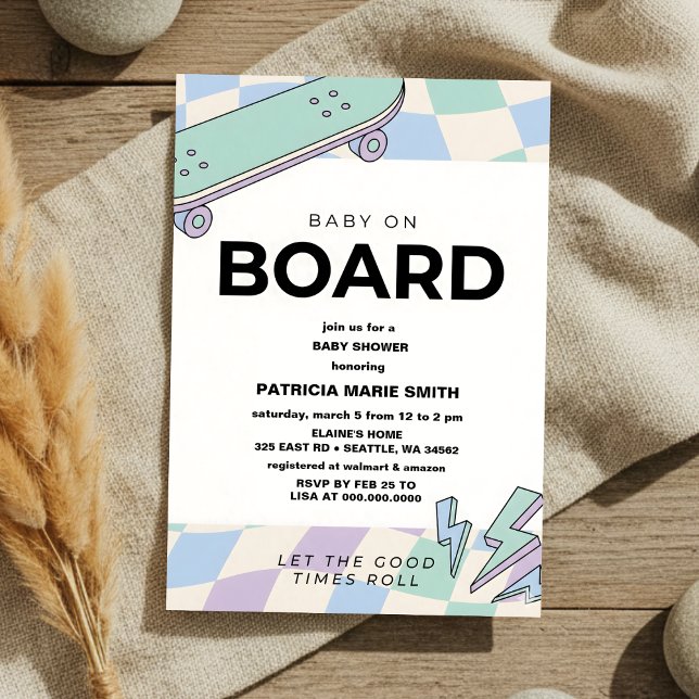 Convite Baby on Board Skateboard Baby Shower party Invitat (Criador carregado)