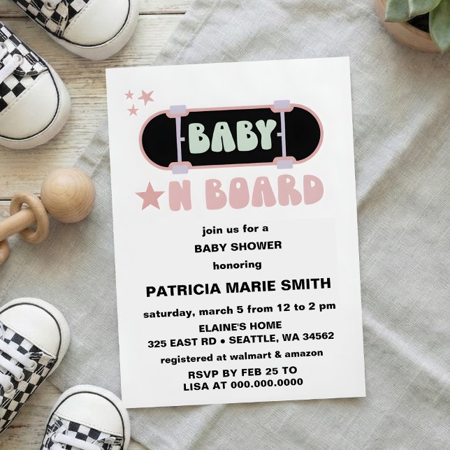 Convite Baby on Board Skateboard Baby Shower party Invitat (Criador carregado)