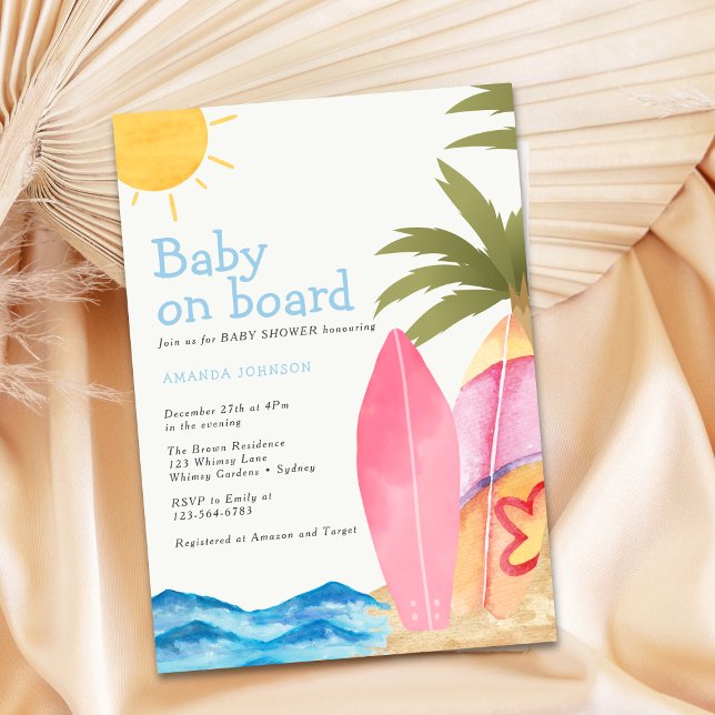 Convite Baby on Board Surfboard Beach Baby Shower (Criador carregado)