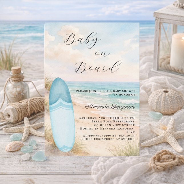 Convite Baby on Board surfboard blue boy beach Baby Shower (Criador carregado)