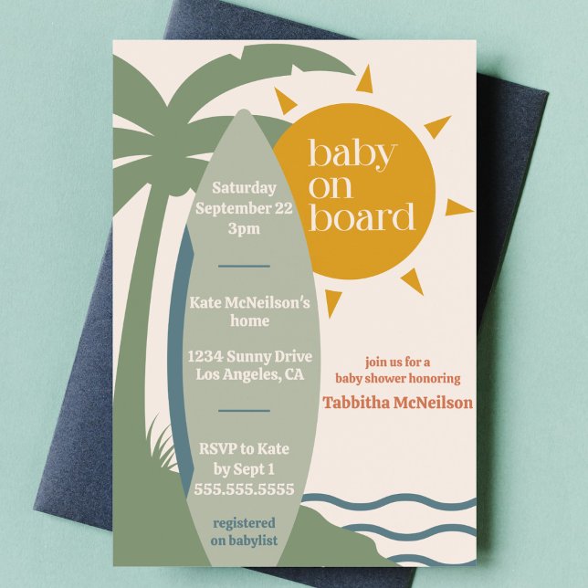 Convite "Baby on Conselho" - Chá de fraldas para surfar na ("baby on board" surfing ocean gender neutral baby shower nautical surfboard tropical invitation)