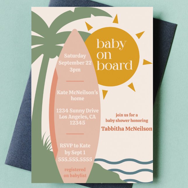 Convite "Baby on Conselho" - Chá de fraldas para surfar na ("baby on board" cute surfing ocean theme baby girl shower nautical sea surfboard tropical invitation)