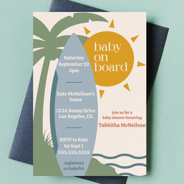 Convite "Baby on Conselho" - Chá de fraldas para surfar na ("baby on board" cute surfing ocean theme baby boy shower nautical sea surfboard tropical invitation)