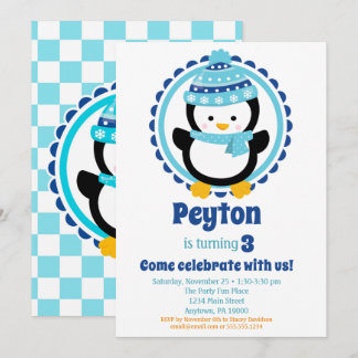 Convite Baby Penguin Blue Winter Festa de aniversário