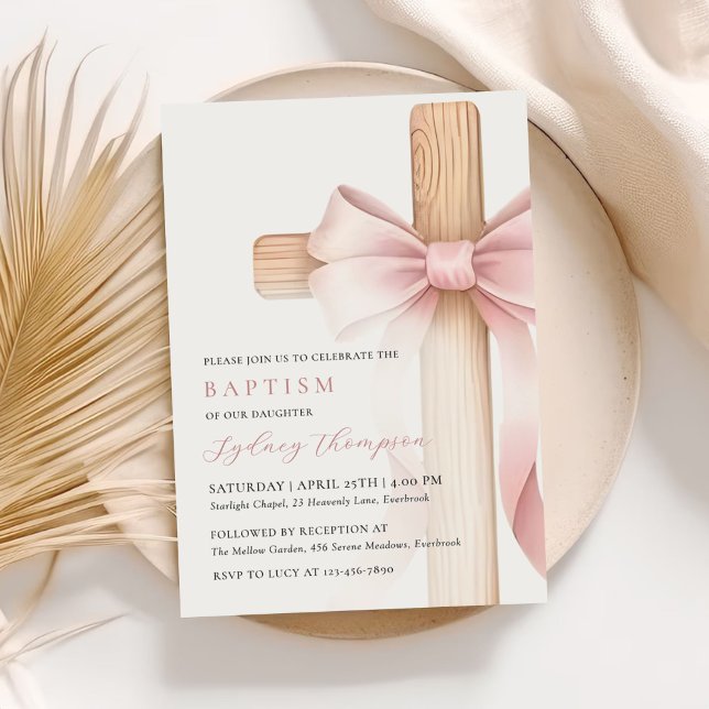 Convite Baby Pink Bow Cross Girl Baptism (Criador carregado)
