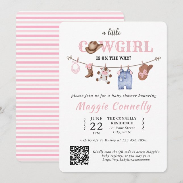 Convite Baby Pink Little Cowgirl is on the Way Invitation (Frente/Verso)