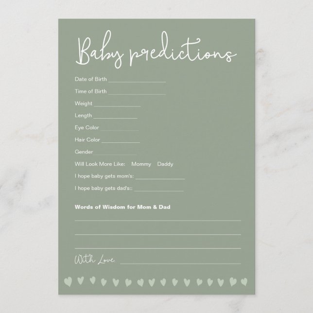 Convite Baby Predictions Baby Shower Game Sage green (Frente)