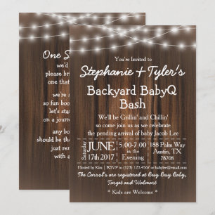 Convite Baby Q Backyard Bash Lights Wood Rustic Chá de fr