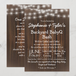 Convite Baby Q Backyard Bash Lights Wood Rustic Chá de fra
