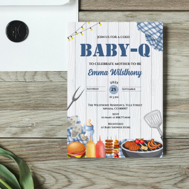 Convite Baby-Q Churrasco de Bebê Menino Plaid Rustico ao A (Baby-Q bbq rustic barbecue picnic spring summer garden party barbeque baby shower invitation boy )