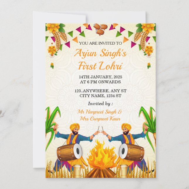 Convite Baby’s First Lohri Invitation, Punjabi Lohri Card (Frente)