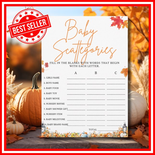 Convite BABY SCATTERGORIES - Jogo do Chá de fraldas (BABY SCATTERGORIES Easy Baby Shower Game A Little Pumpkin is on the Way Fall Autumn Theme)