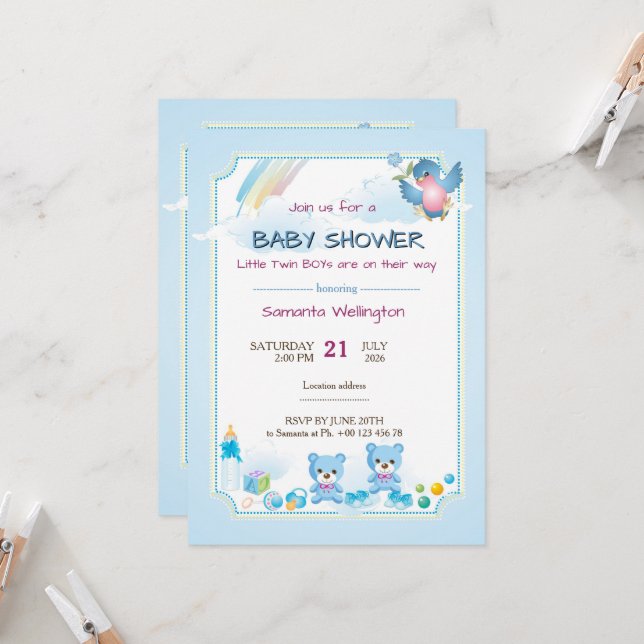 Convite baby shower announcement for TWIN BOYs (Frente/Verso In Situ)