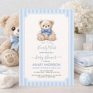 Convite Baby Shower Bearly Wait Teddy Bear & Blue Stripes