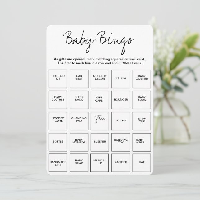Convite Baby Shower Bingo Cards, Unique Prefilled Baby Bin (Em pé/Frente)