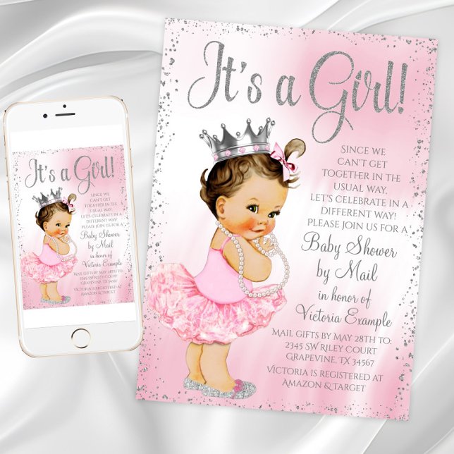 Convite Baby Shower by Mail Pink Princess Tutu Baby Shower (Pink Silver Princess Baby Shower Invitation. Instant download printed available. Text can be changed)