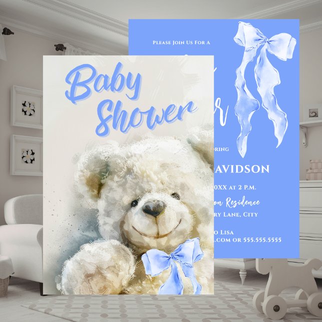 Convite Baby Shower Cute Bear Blue Ribbon  (Baby Shower Cute Bear Blue Ribbon Invitation)