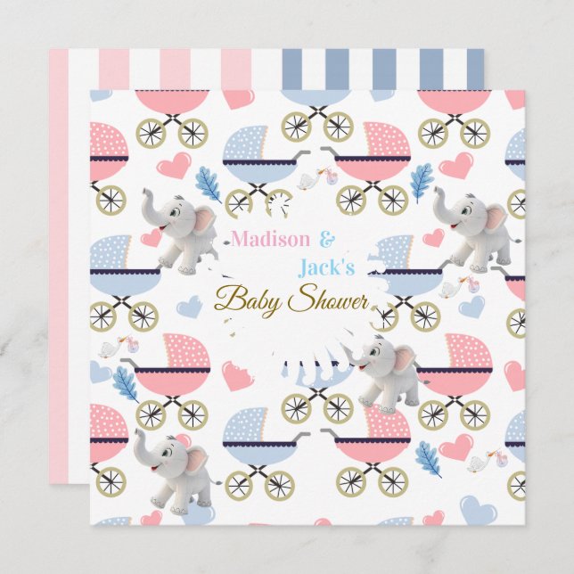 Convite Baby Shower Elephant Baby StrollerCard Invitation  (Frente/Verso)