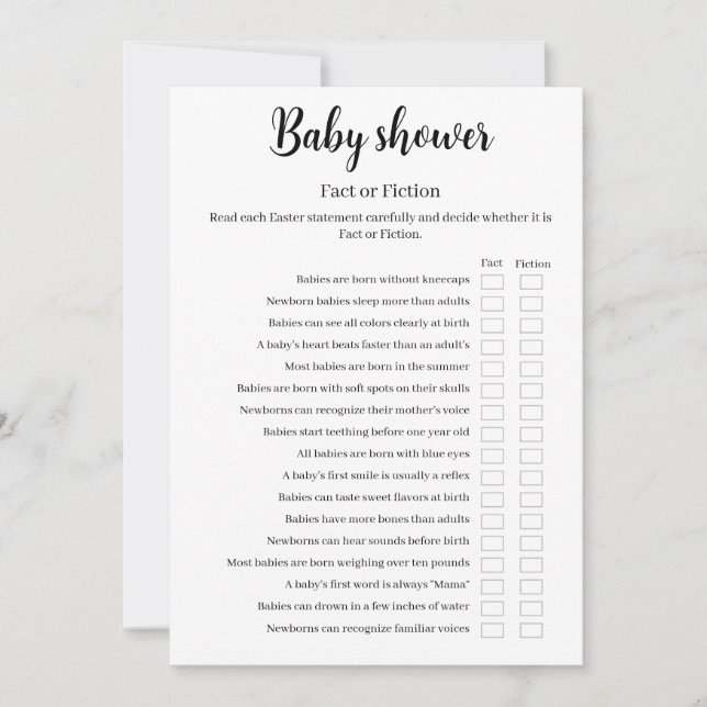 Convite Baby Shower Fact or Fiction Game, Baby Trivia (Frente)