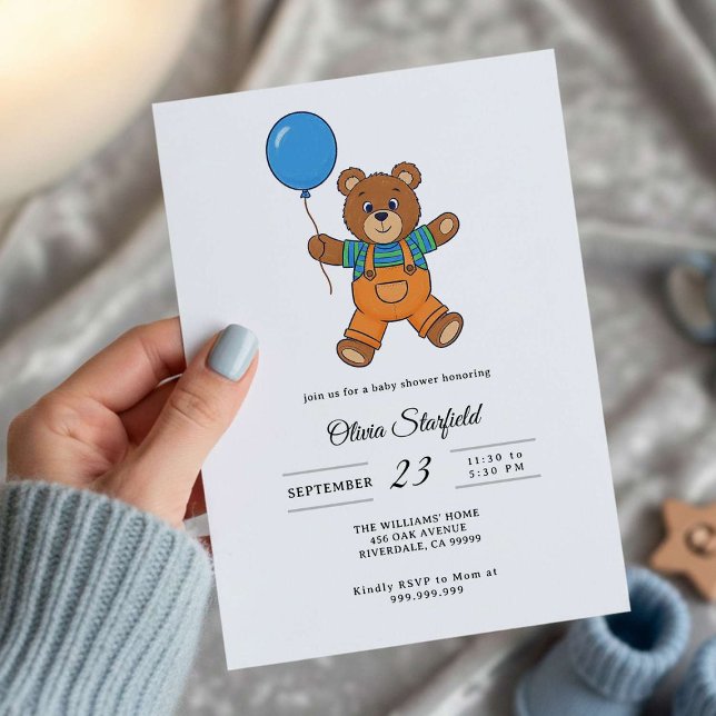 Convite Baby Shower for Boy Blue Balloon, Teddy Bear   (Criador carregado)